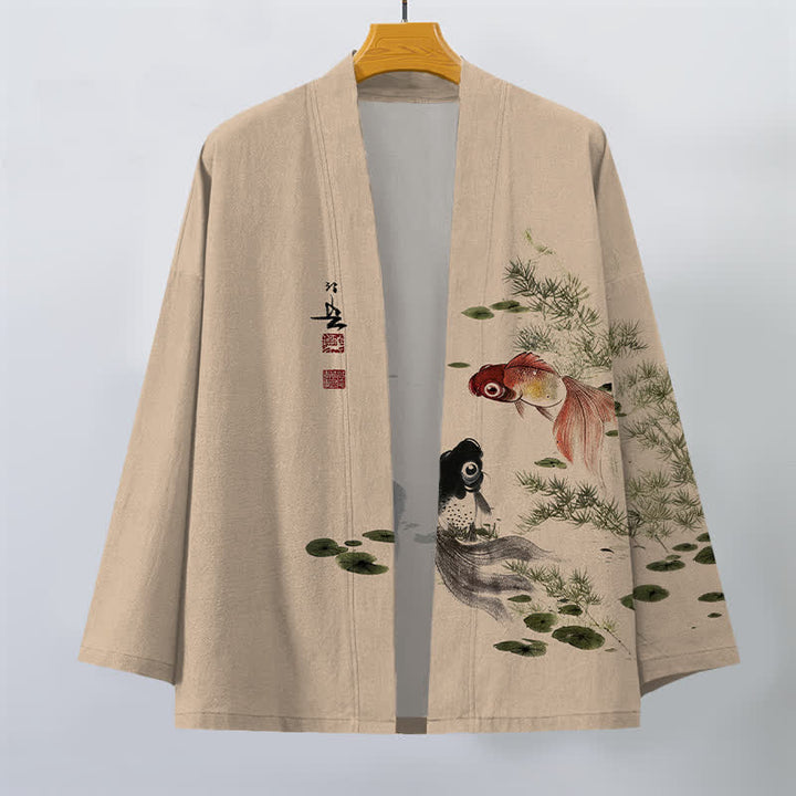 Buddha Stones Kimono pour homme en coton à motif koi lotus lavé à l'encre, ouvert sur le devant - image 10