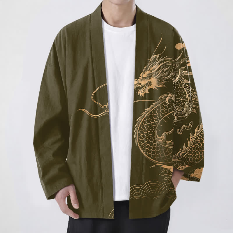 Buddha Stones Kimono pour homme en coton à motif de dragon doré, nuage et vagues, ouvert sur le devant - Olive - US/UK/AU48，EU58 (4XL) - image 0