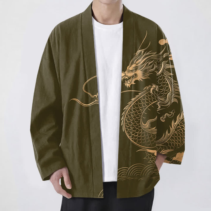 Buddha Stones Kimono pour homme en coton à motif de dragon doré, nuage et vagues, ouvert sur le devant - Olive - US/UK/AU48，EU58 (4XL) - image 0