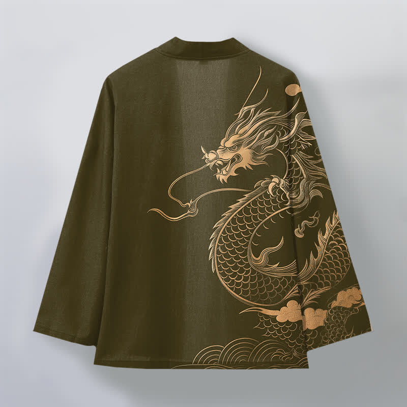 Buddha Stones Kimono pour homme en coton à motif de dragon doré, nuage et vagues, ouvert sur le devant - image 2