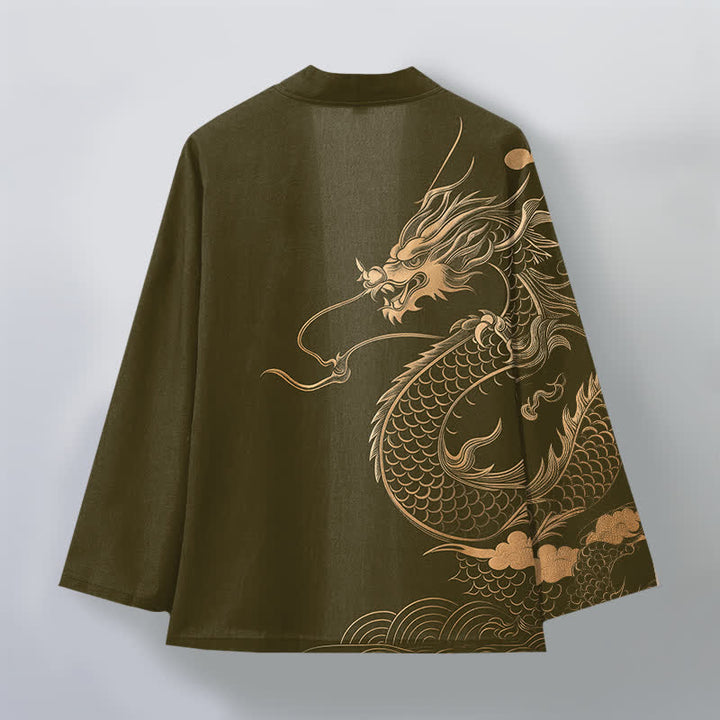 Buddha Stones Kimono pour homme en coton à motif de dragon doré, nuage et vagues, ouvert sur le devant - image 2