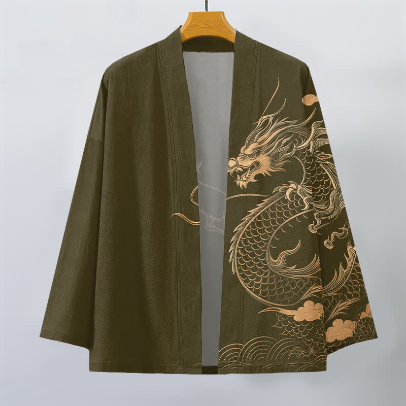 Buddha Stones Kimono pour homme en coton à motif de dragon doré, nuage et vagues, ouvert sur le devant - image 1