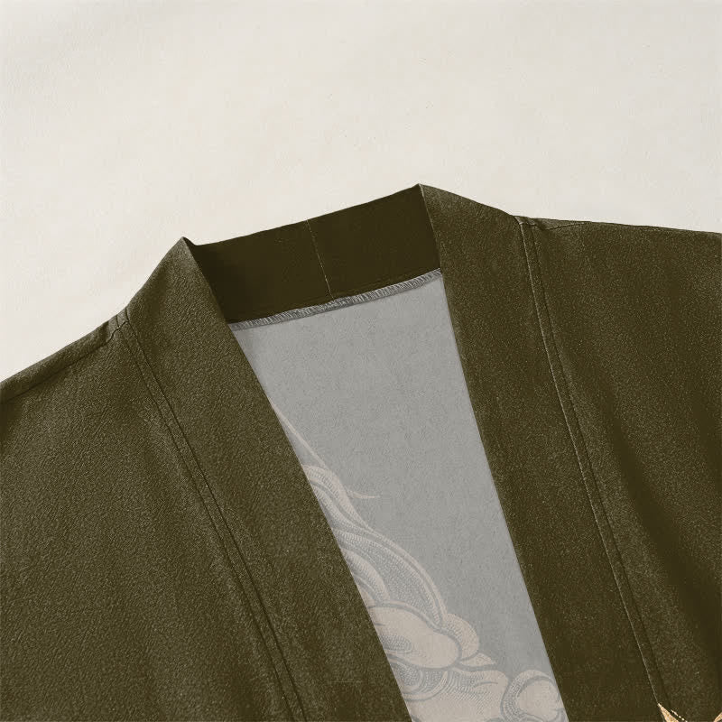 Buddha Stones Kimono pour homme en coton à motif de dragon doré, nuage et vagues, ouvert sur le devant - image 3