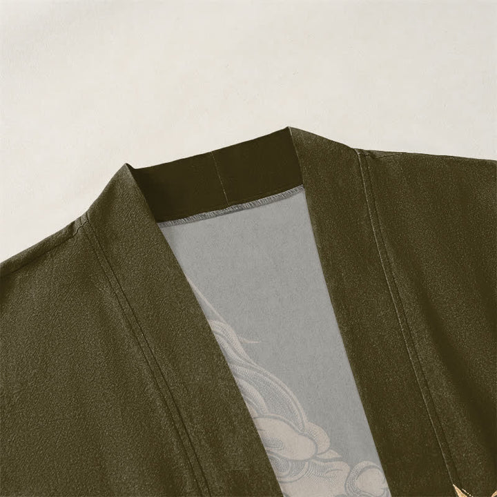 Buddha Stones Kimono pour homme en coton à motif de dragon doré, nuage et vagues, ouvert sur le devant - image 3