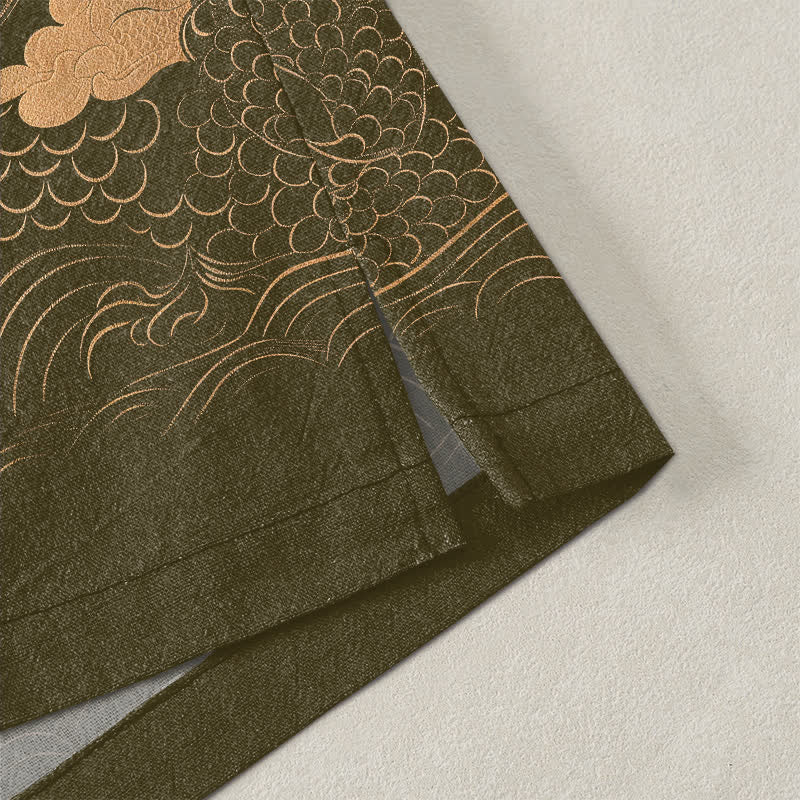 Buddha Stones Kimono pour homme en coton à motif de dragon doré, nuage et vagues, ouvert sur le devant - image 4