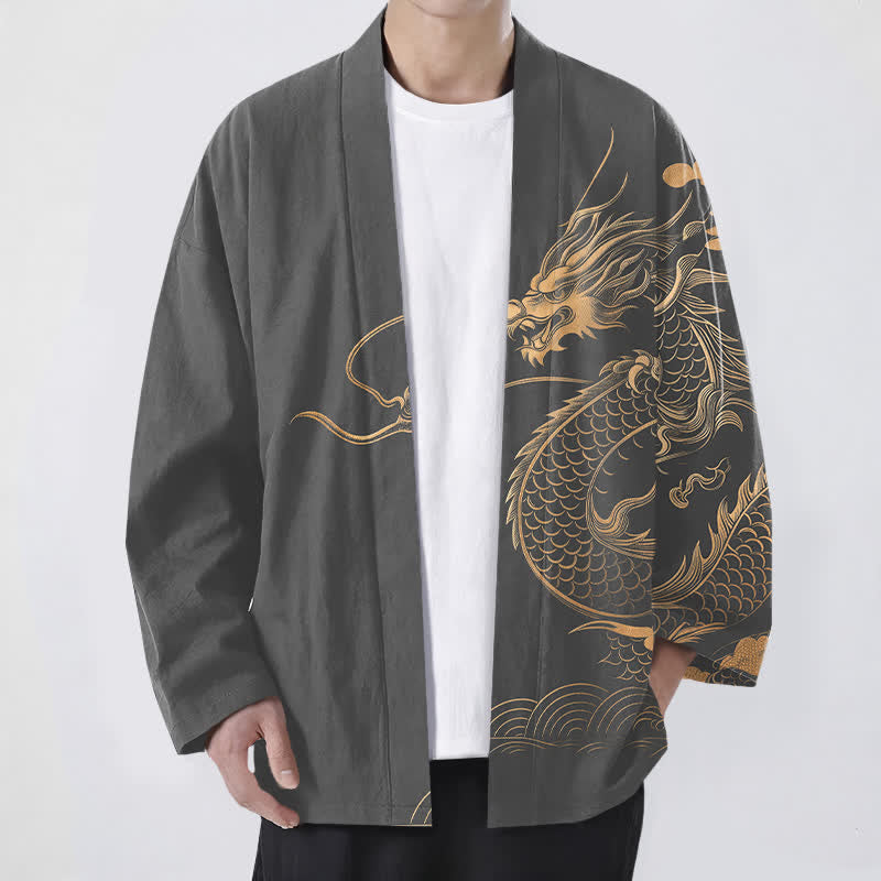 Buddha Stones Kimono pour homme en coton à motif de dragon doré, nuage et vagues, ouvert sur le devant - Gris terne - US/UK/AU48，EU58 (4XL) - image 6