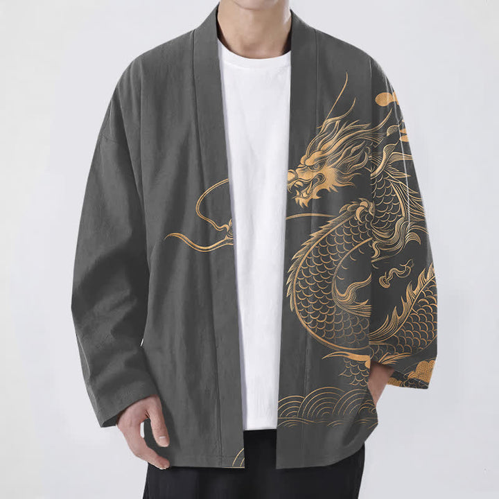 Buddha Stones Kimono pour homme en coton à motif de dragon doré, nuage et vagues, ouvert sur le devant - Gris terne - US/UK/AU48，EU58 (4XL) - image 6