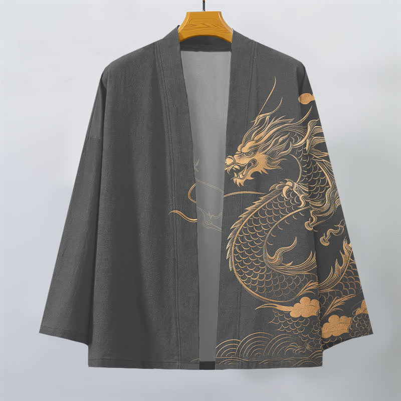 Buddha Stones Kimono pour homme en coton à motif de dragon doré, nuage et vagues, ouvert sur le devant - image 7
