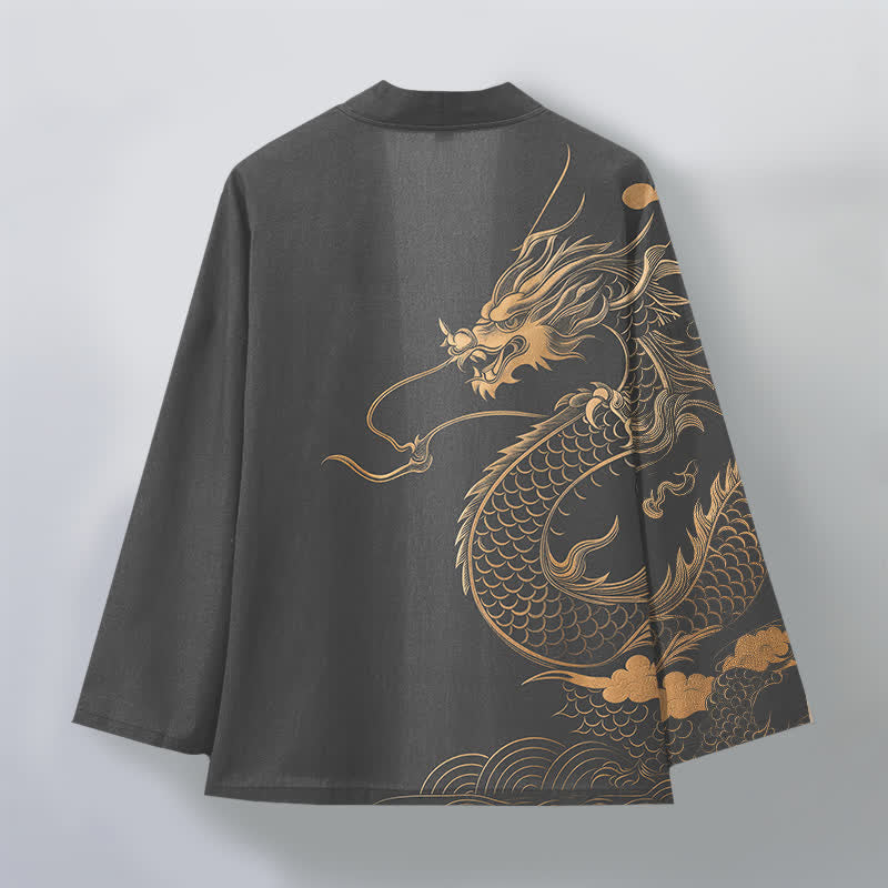 Buddha Stones Kimono pour homme en coton à motif de dragon doré, nuage et vagues, ouvert sur le devant - image 8