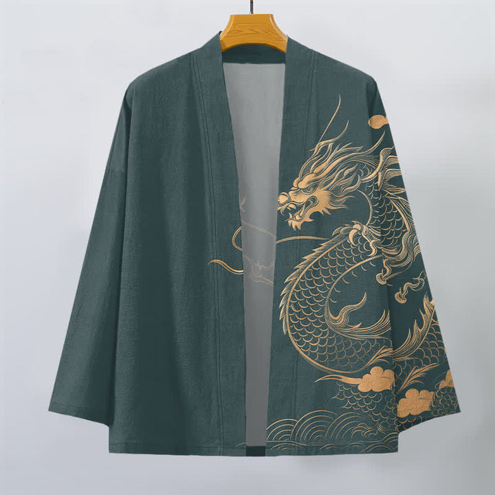 Buddha Stones Kimono pour homme en coton à motif de dragon doré, nuage et vagues, ouvert sur le devant - image 10