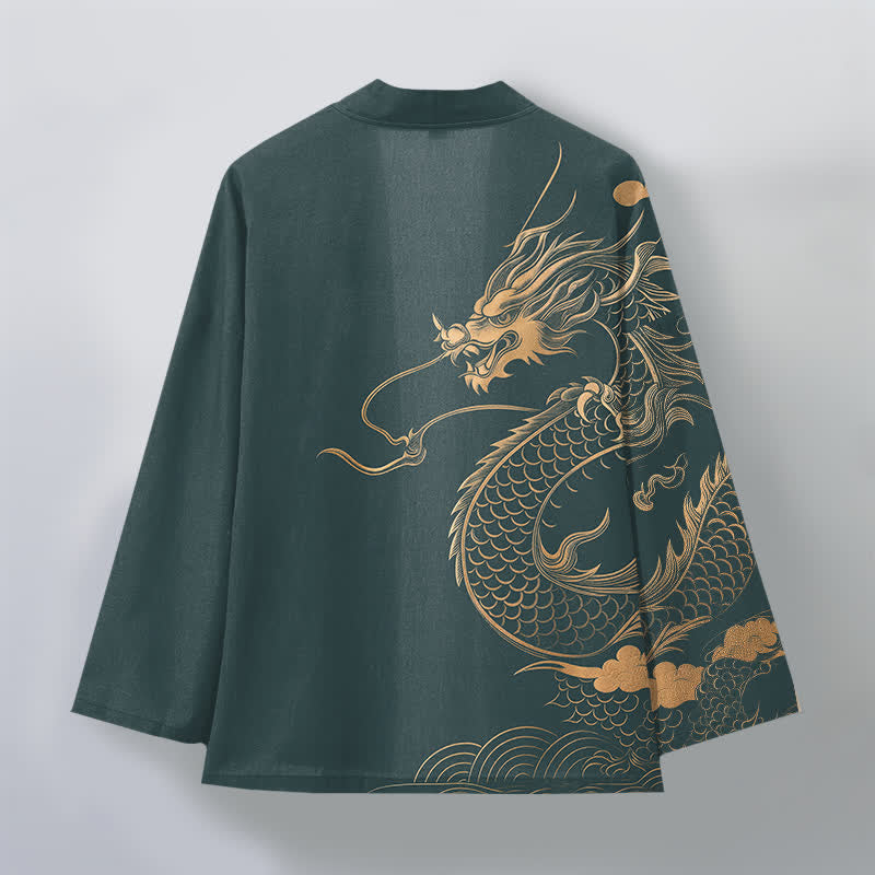 Buddha Stones Kimono pour homme en coton à motif de dragon doré, nuage et vagues, ouvert sur le devant - image 11