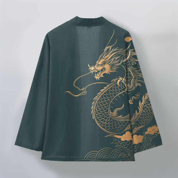 Buddha Stones Kimono pour homme en coton à motif de dragon doré, nuage et vagues, ouvert sur le devant - image 11