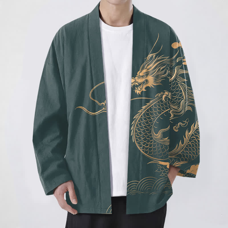 Buddha Stones Kimono pour homme en coton à motif de dragon doré, nuage et vagues, ouvert sur le devant - Sarcelle - US/UK/AU48，EU58 (4XL) - image 9