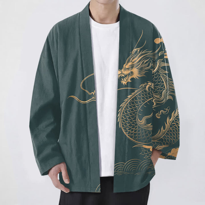 Buddha Stones Kimono pour homme en coton à motif de dragon doré, nuage et vagues, ouvert sur le devant - Sarcelle - US/UK/AU48，EU58 (4XL) - image 9