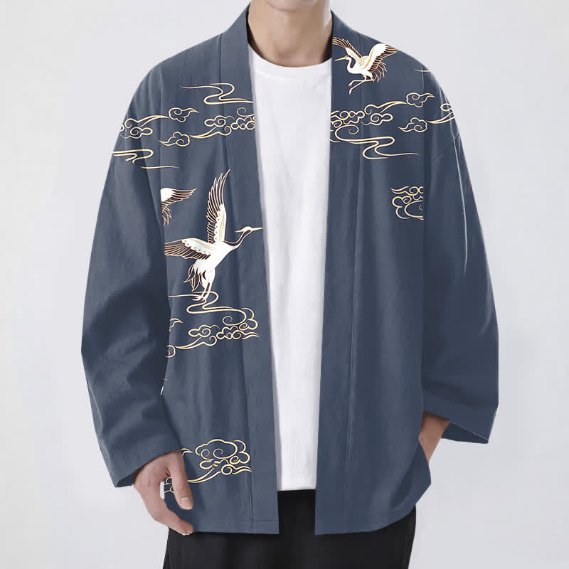 Buddha Stones Kimono pour homme en coton blanc à motif de grues et de nuages ​​dorés, ouvert sur le devant - SteelBlue - US/UK/AU48，EU58 (4XL) - image 0