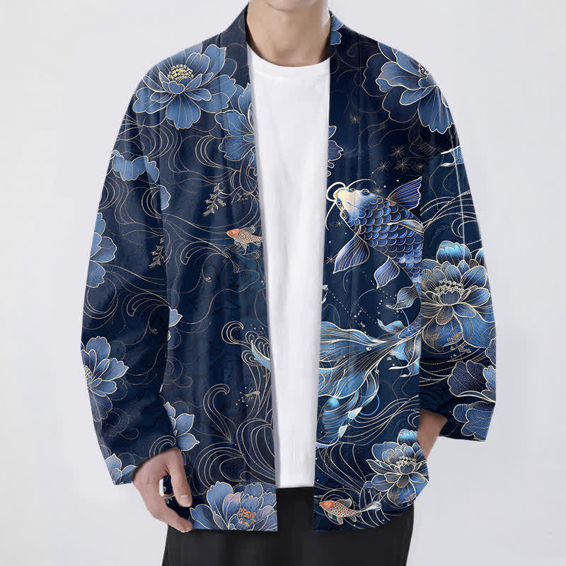 Buddha Stones Kimono pour homme en coton à motif de vagues de lotus et de carpes koï - Marine - US/UK/AU48，EU58 (4XL) - image 0