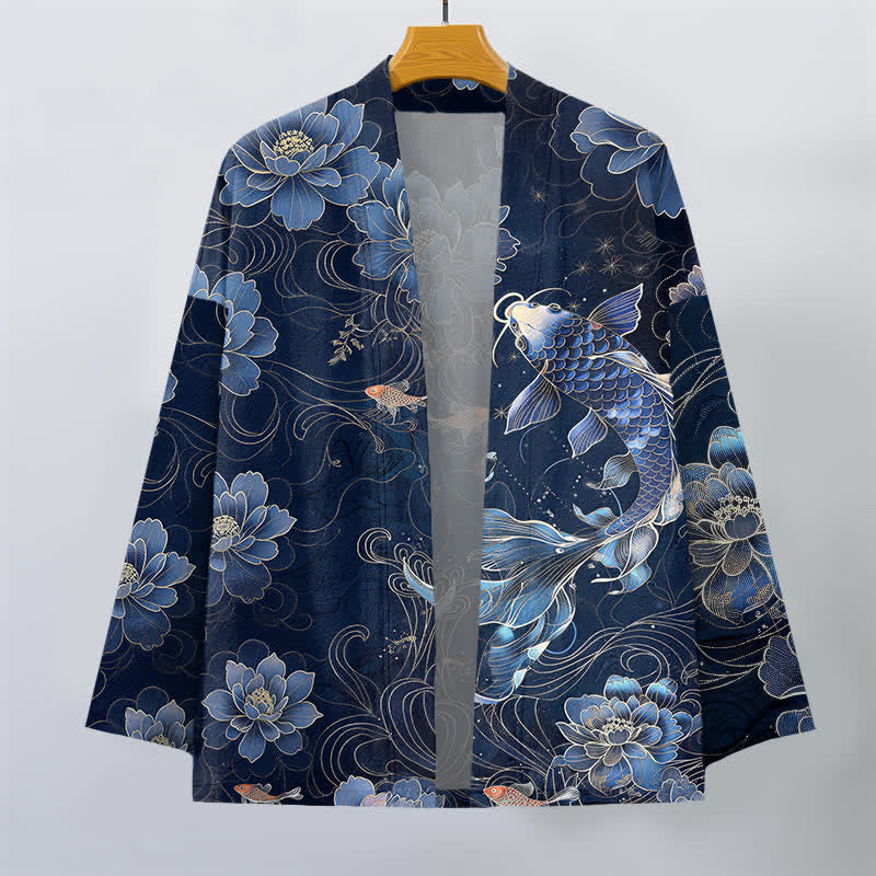 Buddha Stones Kimono pour homme en coton à motif de vagues de lotus et de carpes koï - image 1