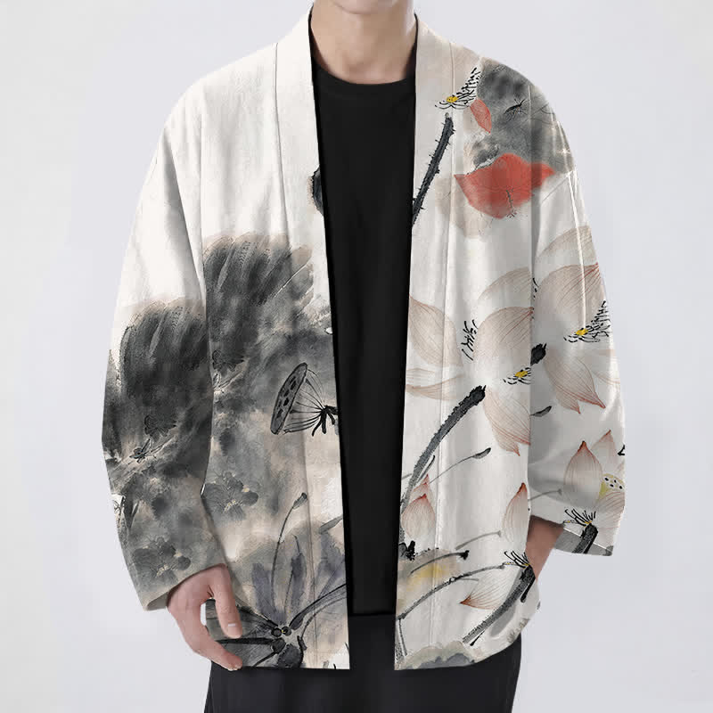 Buddha Stones Kimono pour homme à motif lotus et encre de coton, ouvert sur le devant - Noir - US/UK/AU48，EU58 (4XL) - image 0