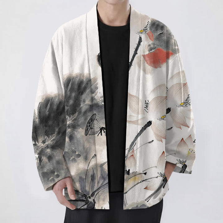 Buddha Stones Kimono pour homme à motif lotus et encre de coton, ouvert sur le devant - Noir - US/UK/AU48，EU58 (4XL) - image 0