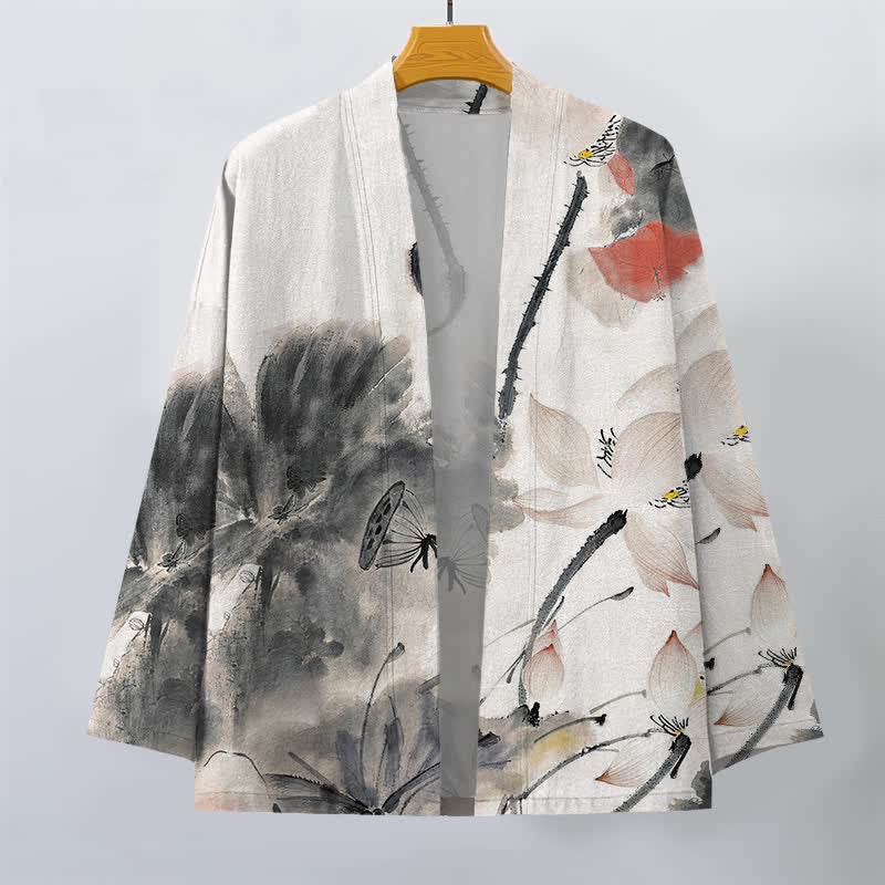 Buddha Stones Kimono pour homme à motif lotus et encre de coton, ouvert sur le devant - image 1