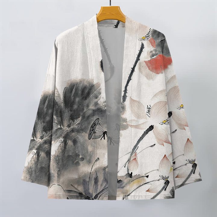 Buddha Stones Kimono pour homme à motif lotus et encre de coton, ouvert sur le devant - image 1