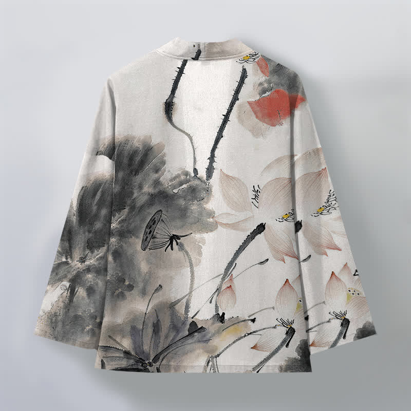 Buddha Stones Kimono pour homme à motif lotus et encre de coton, ouvert sur le devant - image 2