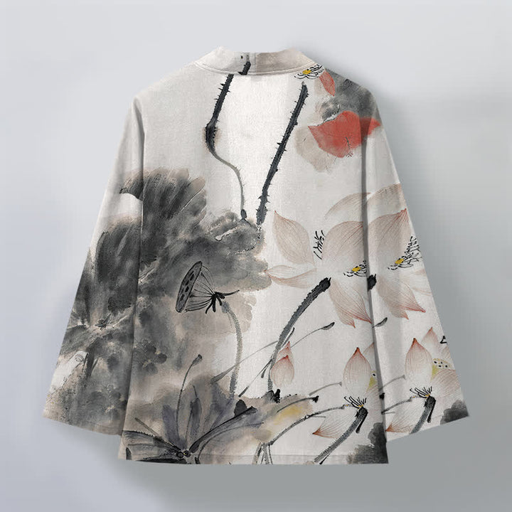 Buddha Stones Kimono pour homme à motif lotus et encre de coton, ouvert sur le devant - image 2