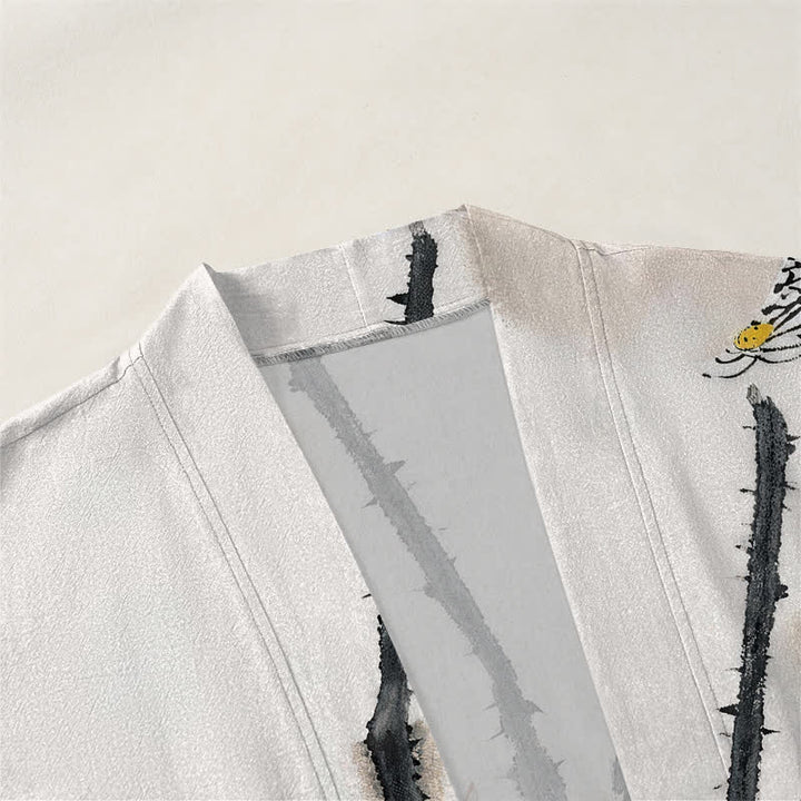 Buddha Stones Kimono pour homme à motif lotus et encre de coton, ouvert sur le devant - image 3