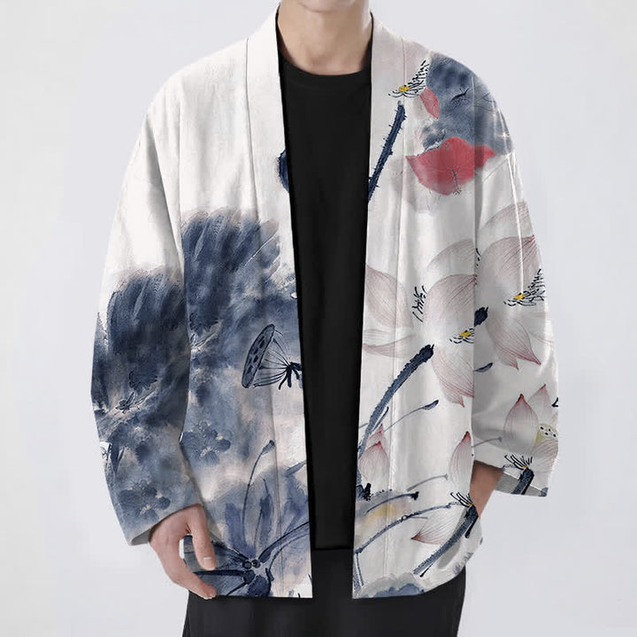 Buddha Stones Kimono pour homme à motif lotus et encre de coton, ouvert sur le devant - SteelBlue - US/UK/AU48，EU58 (4XL) - image 6