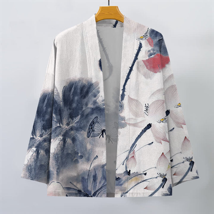 Buddha Stones Kimono pour homme à motif lotus et encre de coton, ouvert sur le devant - image 7