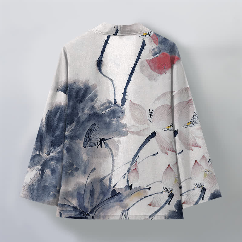 Buddha Stones Kimono pour homme à motif lotus et encre de coton, ouvert sur le devant - image 8