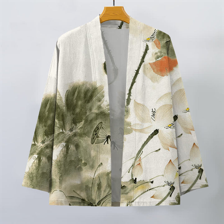 Buddha Stones Kimono pour homme à motif lotus et encre de coton, ouvert sur le devant - image 10