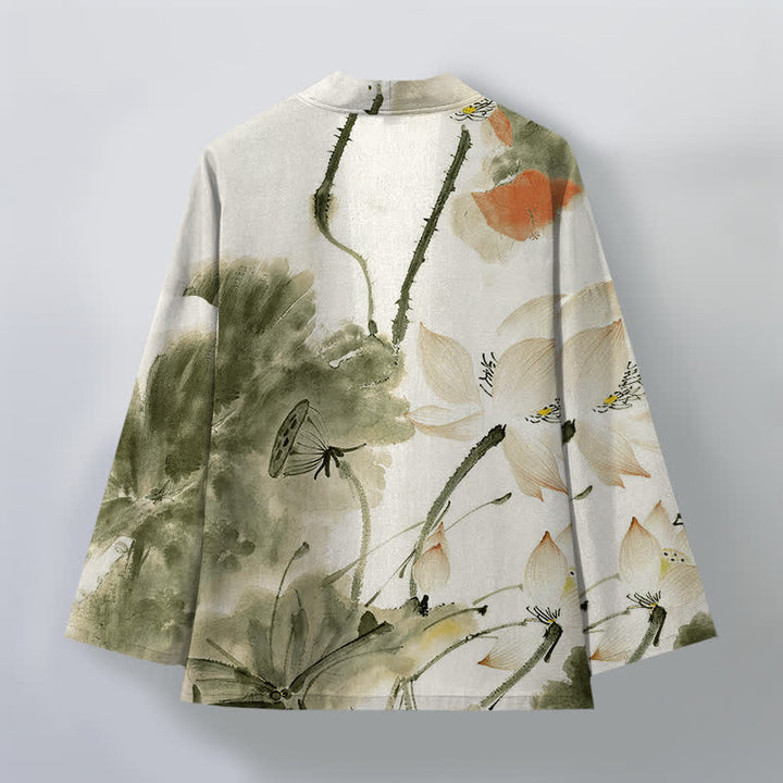 Buddha Stones Kimono pour homme à motif lotus et encre de coton, ouvert sur le devant - image 11