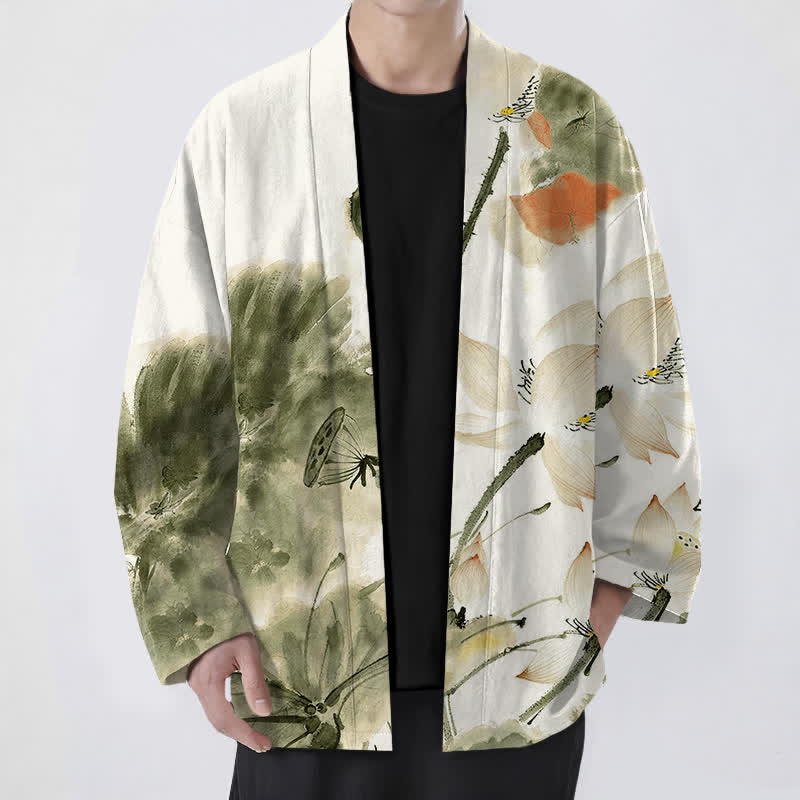 Buddha Stones Kimono pour homme à motif lotus et encre de coton, ouvert sur le devant - Vert olive - US/UK/AU48，EU58 (4XL) - image 9