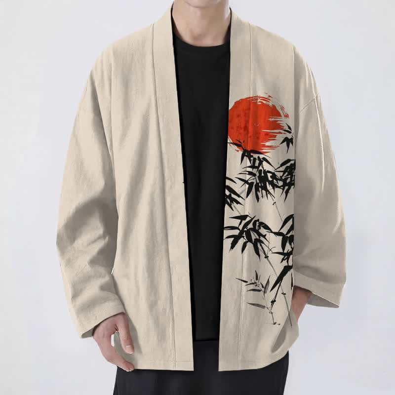 Buddha Stones Kimono pour homme en coton rouge soleil à motif bambou et encre, ouvert sur le devant - Beige - US/UK/AU48，EU58 (4XL) - image 0