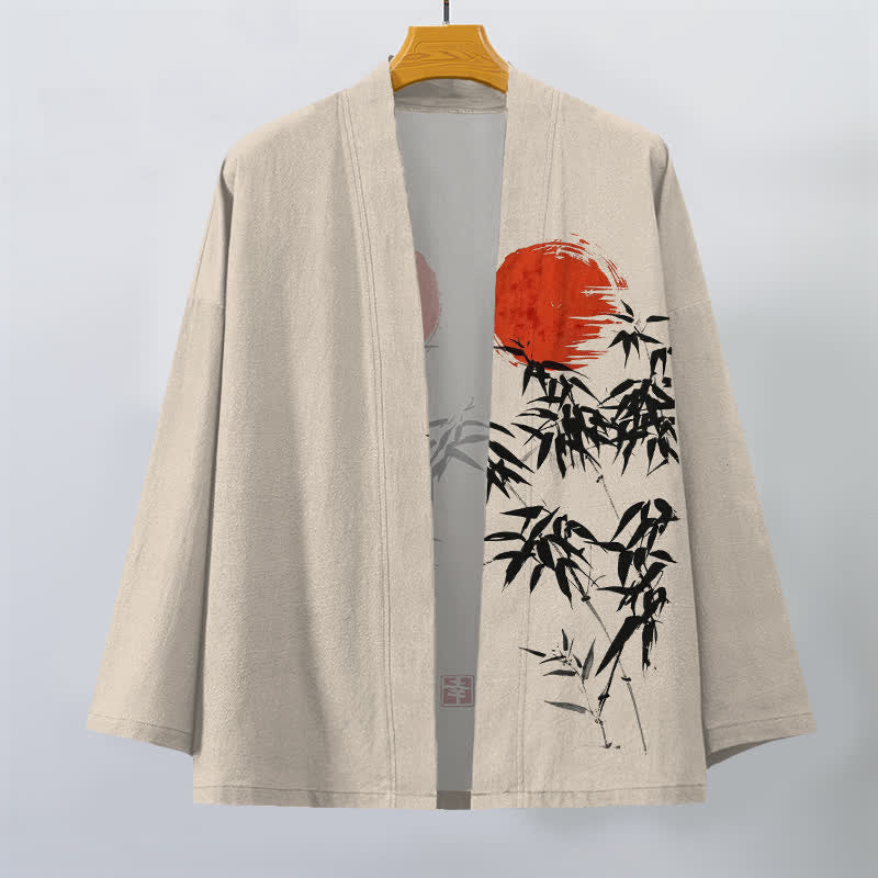 Buddha Stones Kimono pour homme en coton rouge soleil à motif bambou et encre, ouvert sur le devant - image 1