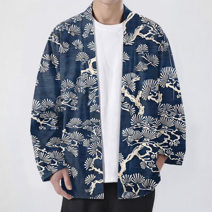 Buddha Stones Kimono pour homme à motif éventail de branches de pin et de coton, ouvert sur le devant - Marine - US/UK/AU48，EU58 (4XL) - image 0