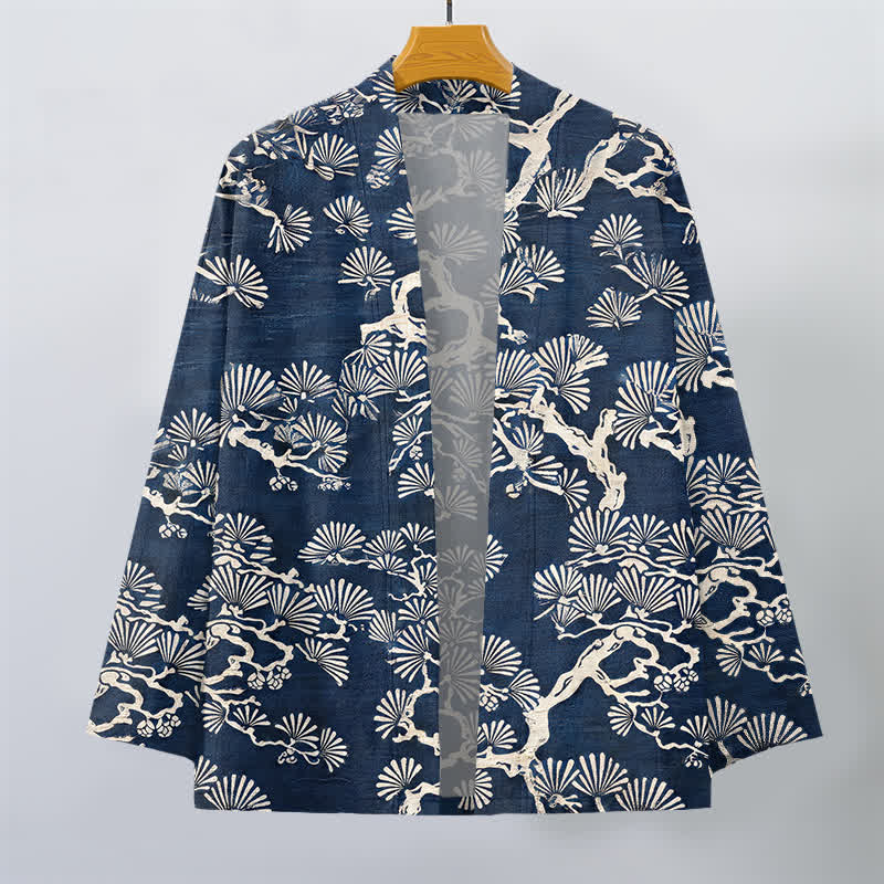 Buddha Stones Kimono pour homme à motif éventail de branches de pin et de coton, ouvert sur le devant - image 1