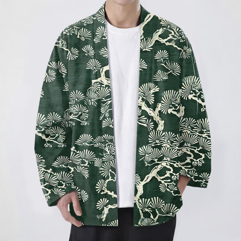 Buddha Stones Kimono pour homme à motif éventail de branches de pin et de coton, ouvert sur le devant - Vert forêt - US/UK/AU48，EU58 (4XL) - image 6