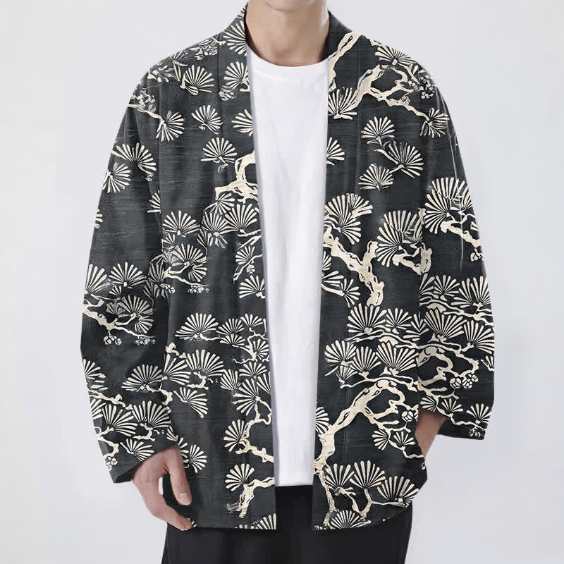 Buddha Stones Kimono pour homme à motif éventail de branches de pin et de coton, ouvert sur le devant - Gris terne - US/UK/AU48，EU58 (4XL) - image 9