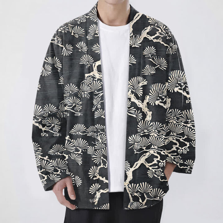 Buddha Stones Kimono pour homme à motif éventail de branches de pin et de coton, ouvert sur le devant - Gris terne - US/UK/AU48，EU58 (4XL) - image 9