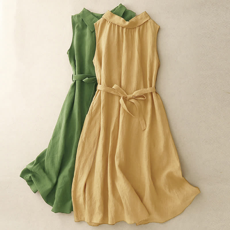Robe midi d'été en coton uni à lacets et boutons sur le devant, sans manches, Buddha Stones - image 14