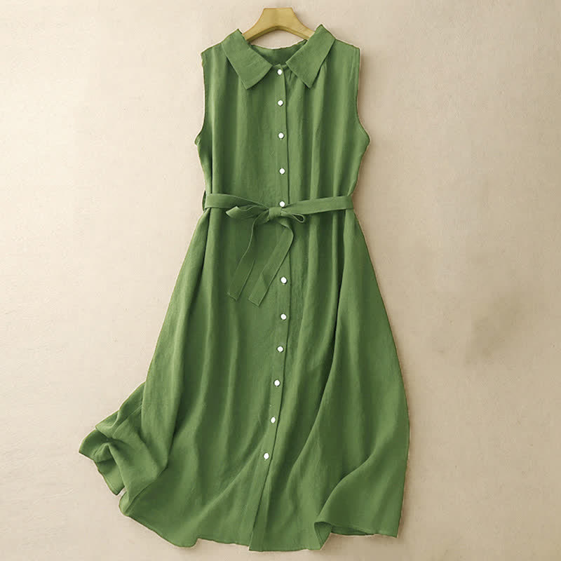 Robe midi d'été en coton uni à lacets et boutons sur le devant, sans manches, Buddha Stones - Vert forêt - US12，UK/AU16，EU44 (2XL) - image 8