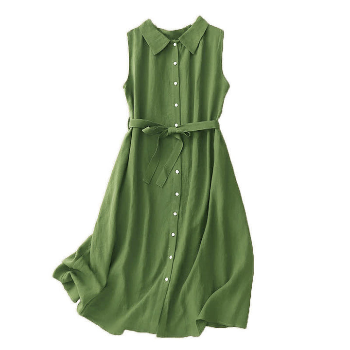 Robe midi d'été en coton uni à lacets et boutons sur le devant, sans manches, Buddha Stones - image 13
