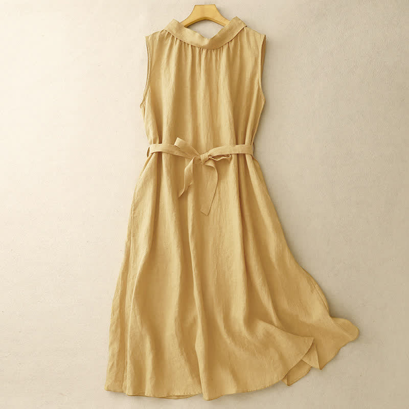 Robe midi d'été en coton uni à lacets et boutons sur le devant, sans manches, Buddha Stones - image 1