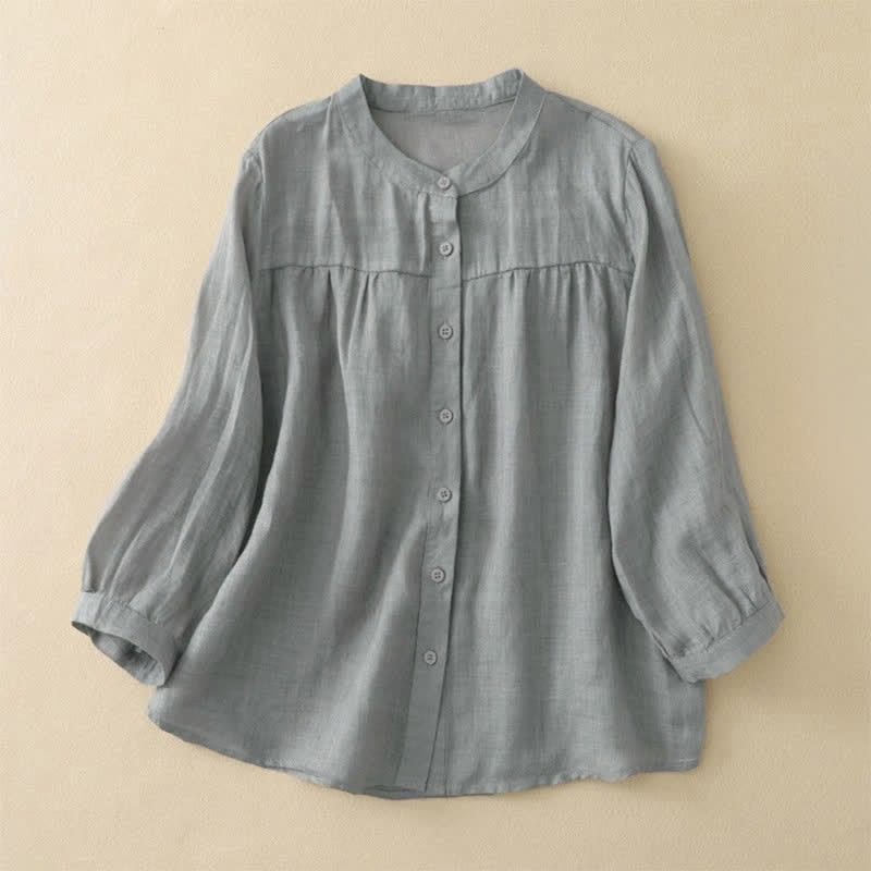 Buddha Stones Chemise femme unie à col rond et manches trois-quarts avec boutons - Gris - US14，UK/AU18，EU46 (3XL) - image 0