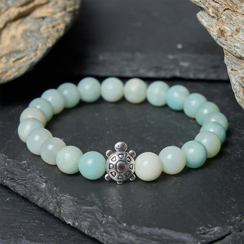 Buddha Stones Bracelet en perles rondes polies à la main, en cuivre et amazonite, orné d'une tortue. - image 1