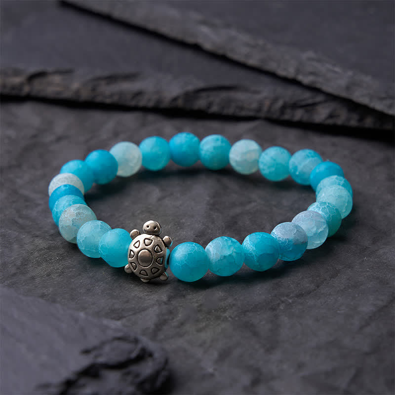 Buddha Stones Bracelet de perles en agate bleue craquelée, tortue calme - image 3