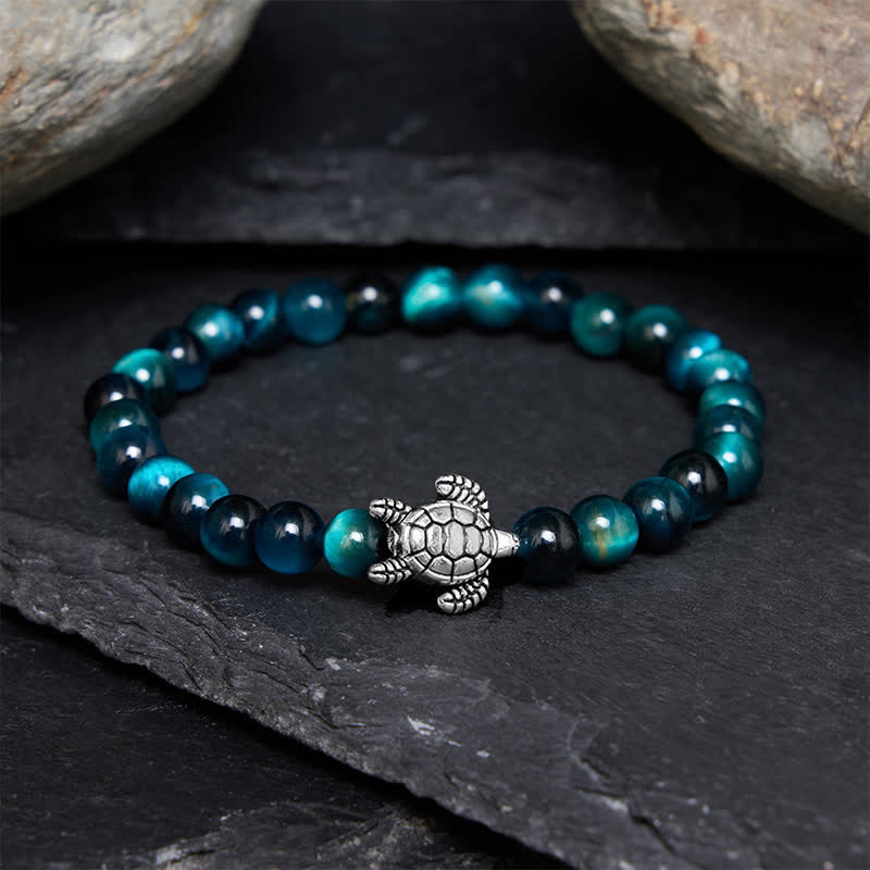 Buddha Stones Bracelet puissant en cuivre œil de tigre bleu et tortue - Œil de tigre bleu 6 mm (Tour de poignet : 14–15 cm) - image 0