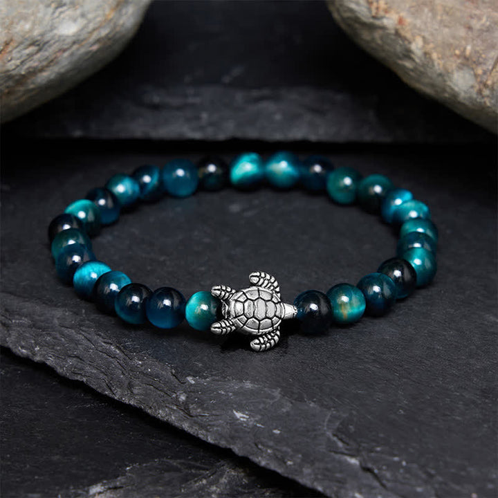 Buddha Stones Bracelet puissant en cuivre œil de tigre bleu et tortue - Œil de tigre bleu 6 mm (Tour de poignet : 14–15 cm) - image 0